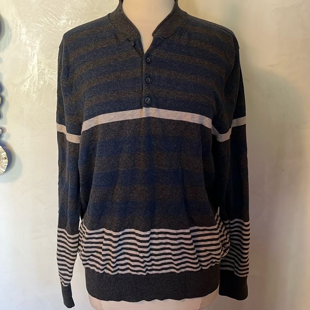 Nautica Gray,Blue & Cream striped pull over cotton knit sweater Size Large